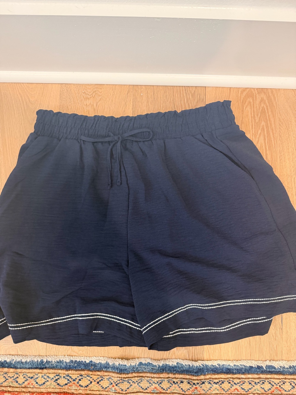 Adrianna Papell Navy Elastic Waist Drawstring Athletic Shorts